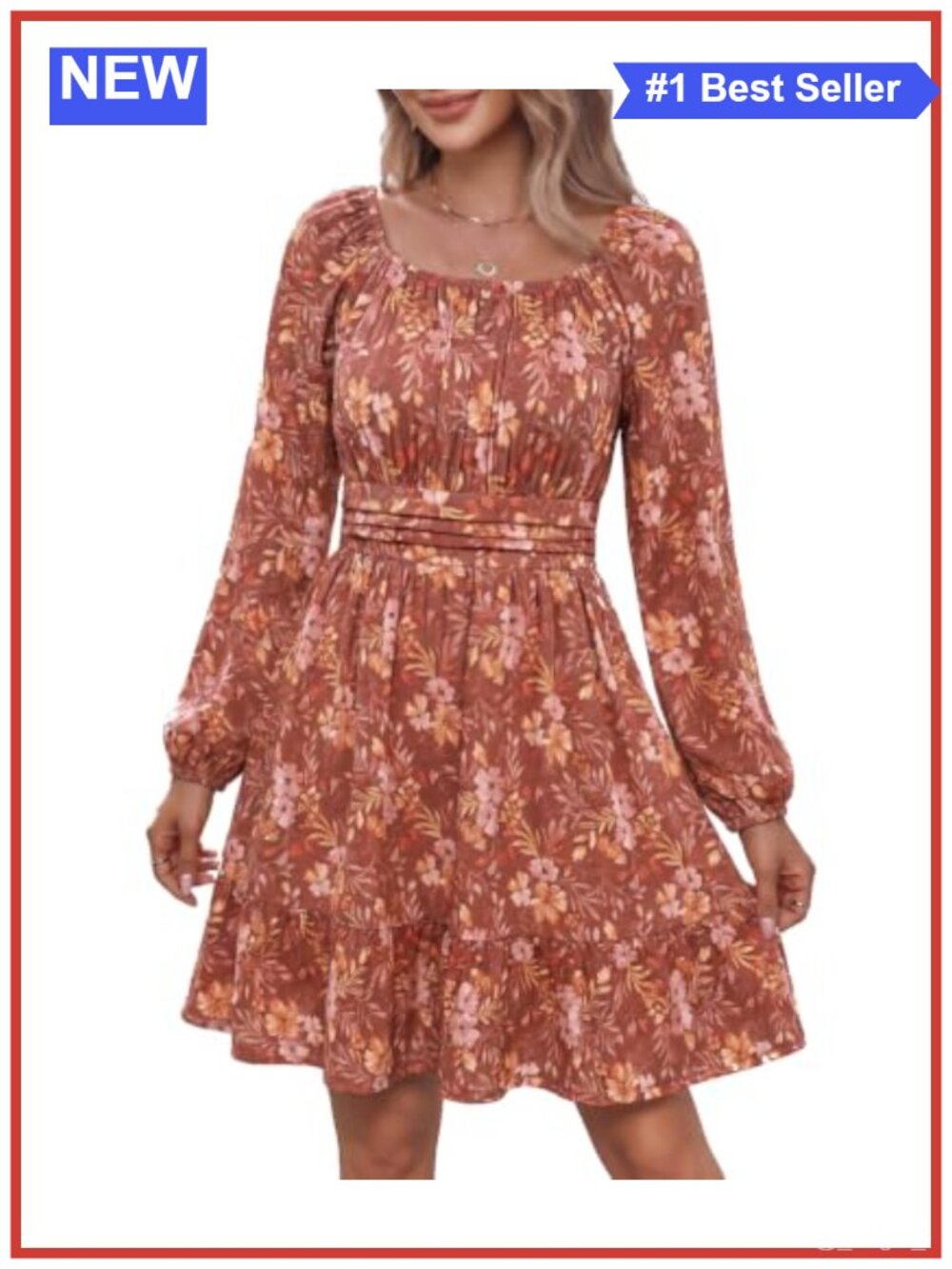 Long Sleeve Ruffle Hem Knee Length Dress Smocked Waist Pockets